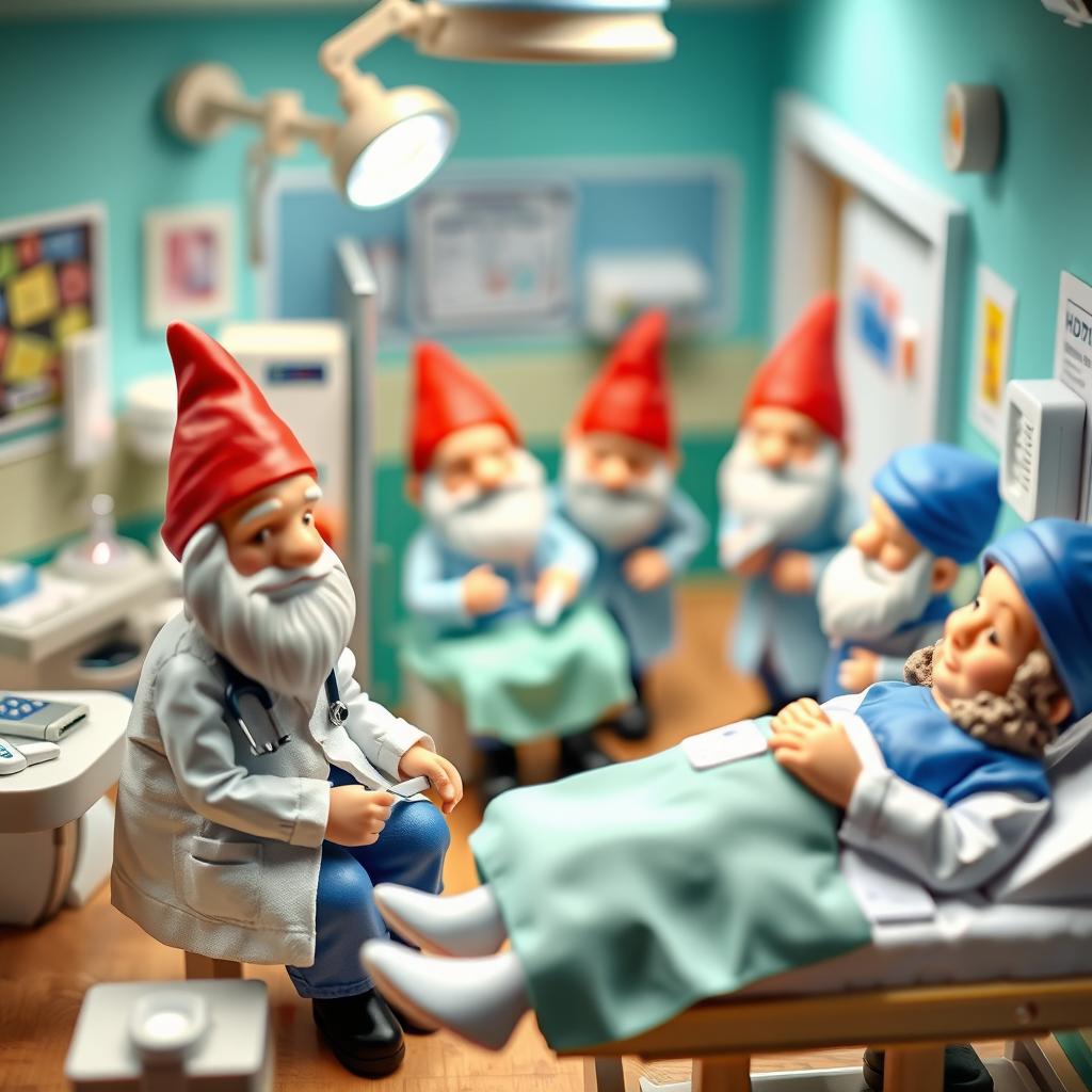 A whimsical scene set in a hospital where miniature doctors and nurses (dwarfs) are interacting with patients in a friendly and professional manner