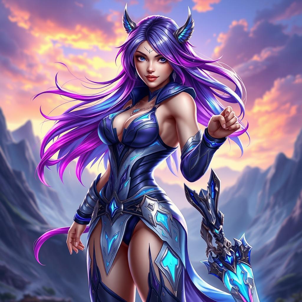 A stunning and attractive female character design for a video game, featuring captivating, vibrant colors and intricate details in her outfit