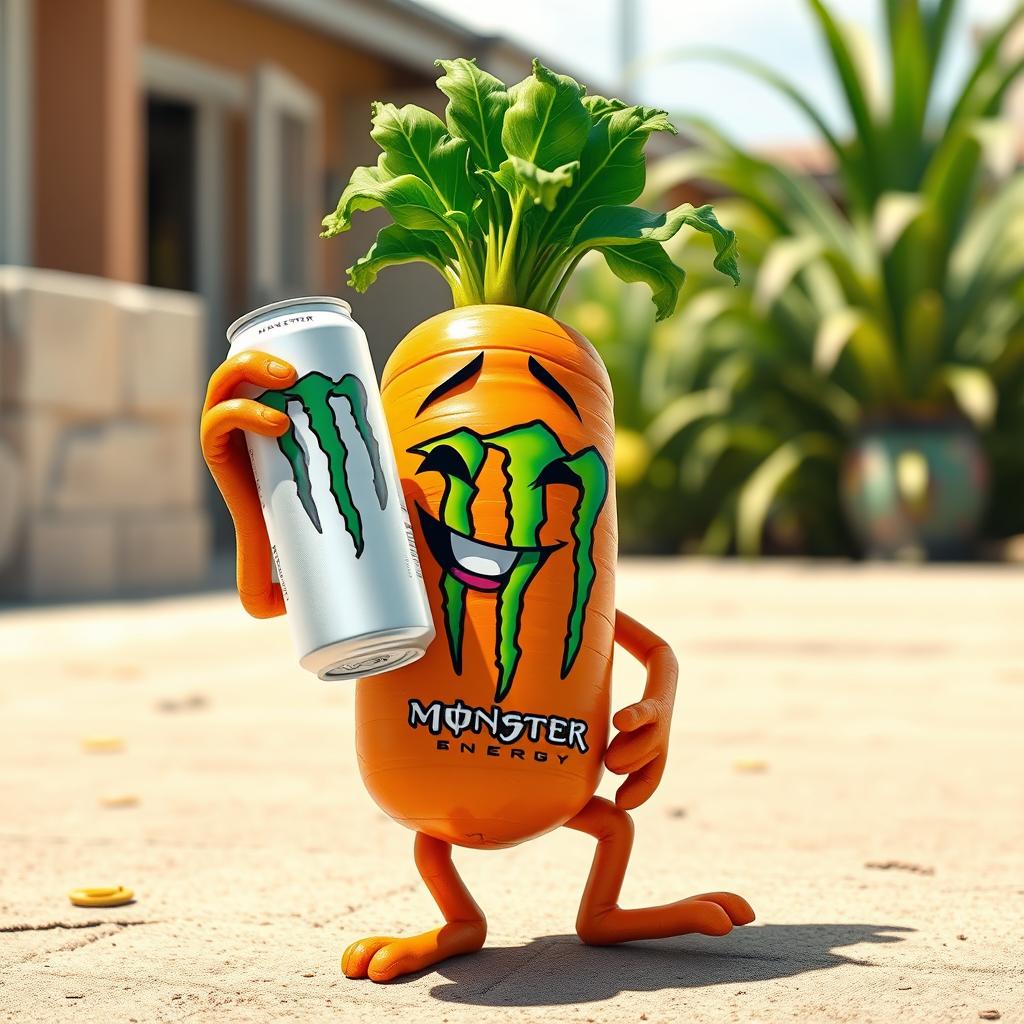 A realistic carrot character with anthropomorphic features, including hands and legs, casually enjoying a can of white Monster Energy drink