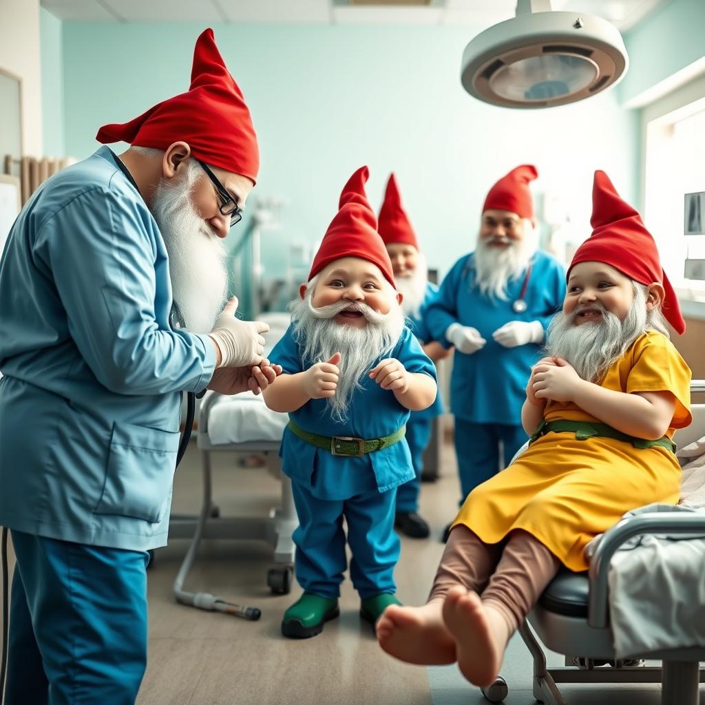 A whimsical scene in a hospital where cheerful dwarf workers are assisting patients