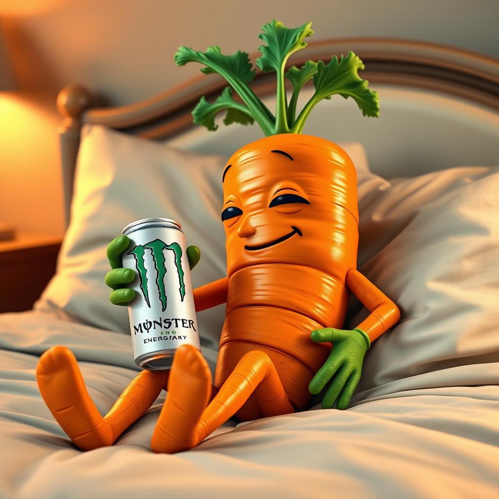 A realistic carrot character with anthropomorphic features, including hands and legs, sitting on a bed and casually drinking a can of white Monster Energy drink