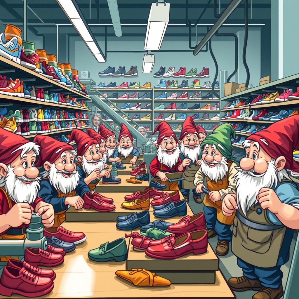 A lively scene inside a shoe factory where cheerful dwarf workers are busily crafting shoes