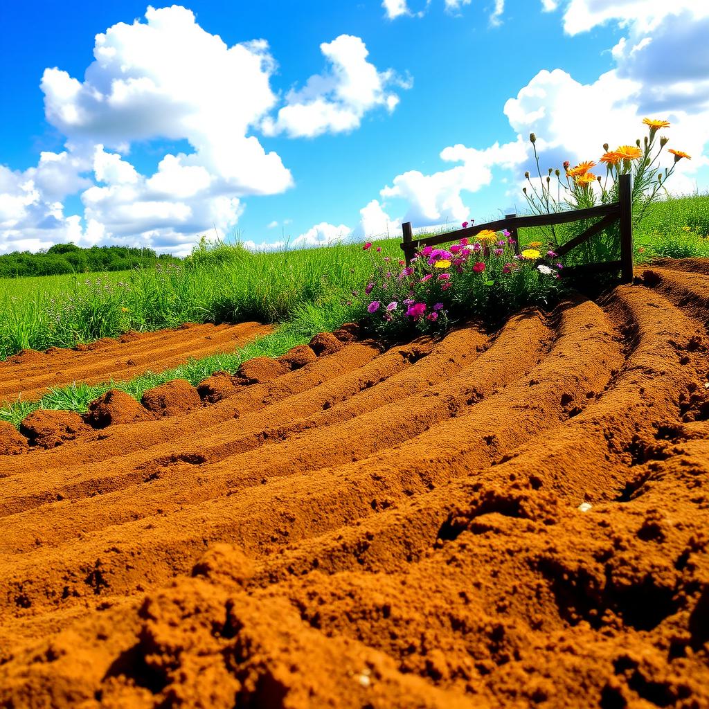 A vibrant landscape showcasing a field of rich brown soil, freshly plowed and textured with distinct lines, surrounded by lush greenery
