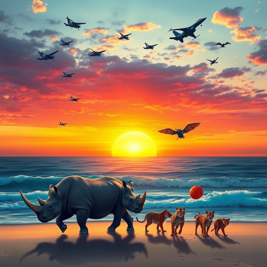 A stunning sunset over the ocean featuring two rhinos walking leisurely along the shore