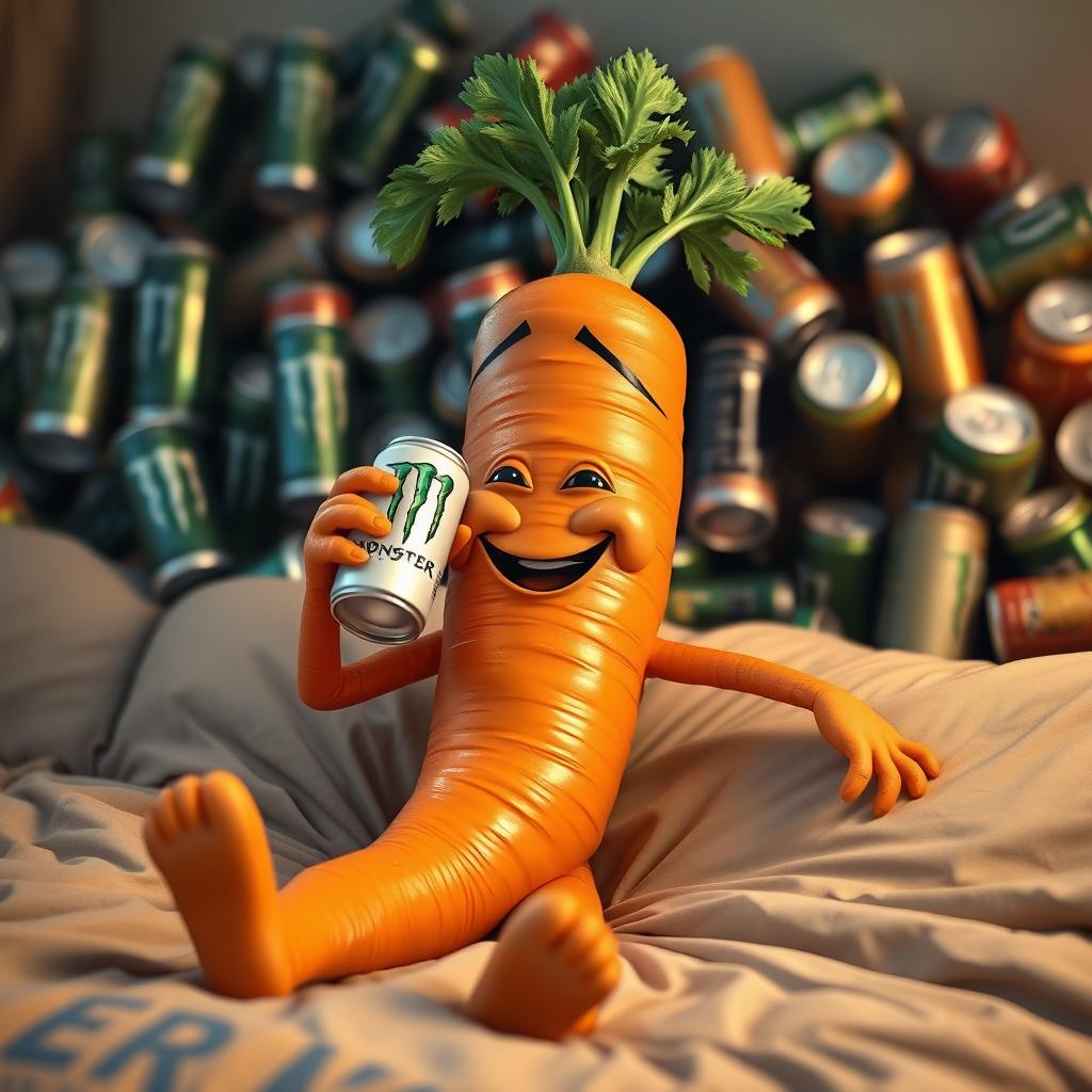 A realistic carrot character with anthropomorphic features, including hands and legs, sitting on a bed and drinking a white Monster Energy drink