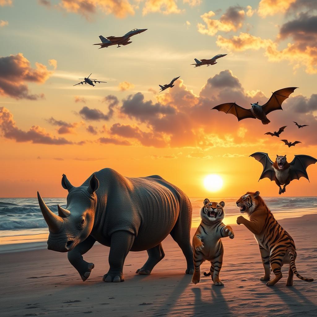 Two rhinoceroses walking side by side on the beach at sunset, with a stunning view of the sun setting over the horizon