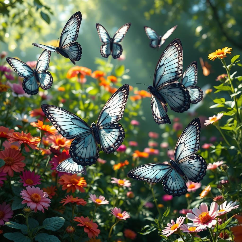 A whimsical scene featuring butterflies that have been uniquely designed to resemble pigeons, with intricate patterns and colors that blend the characteristics of both creatures