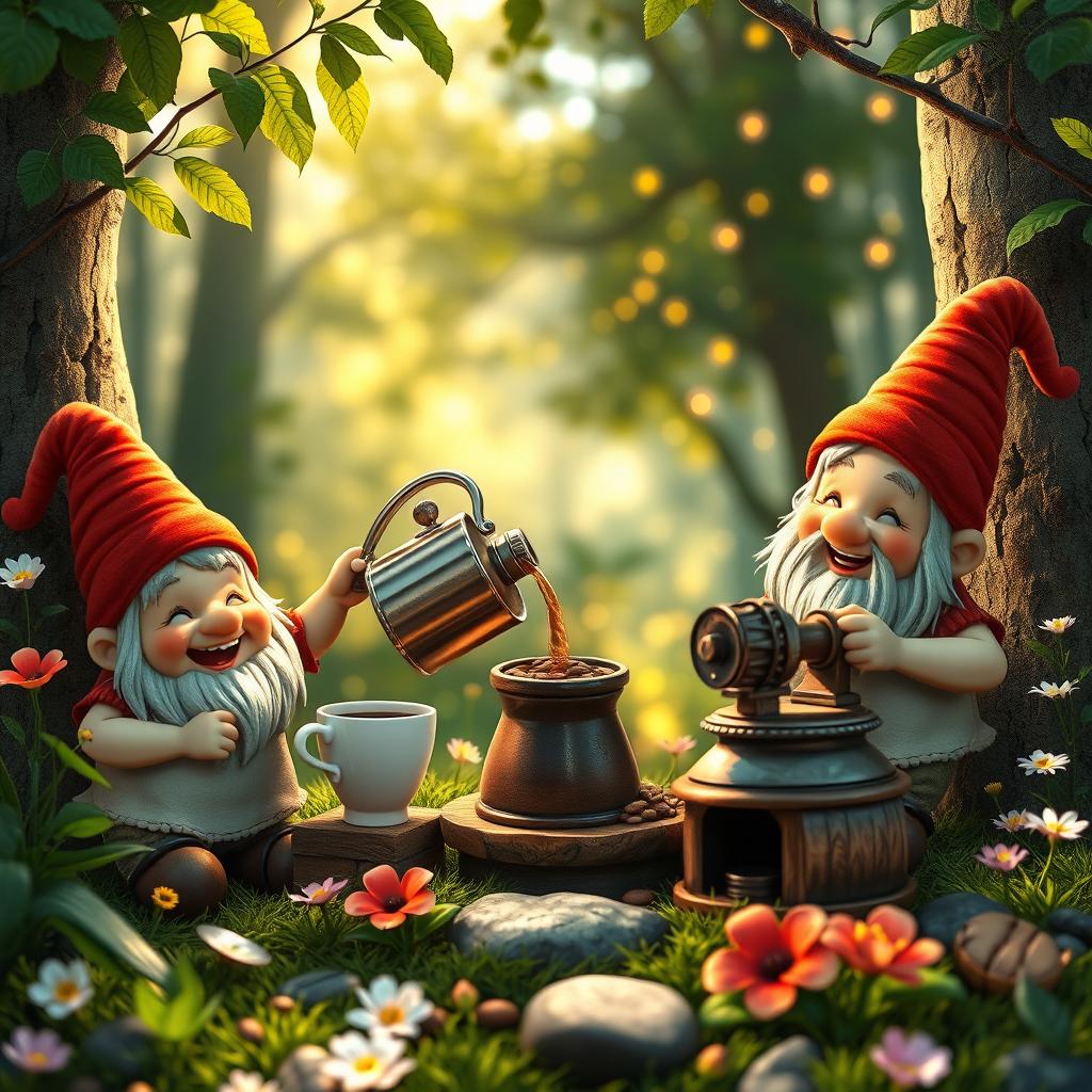 A whimsical scene depicting tiny gnomes joyfully brewing coffee in a cozy woodland setting