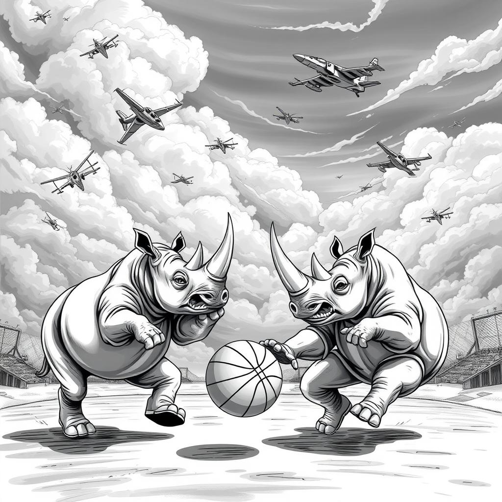 A black and white illustration of two rhinoceroses in human form playing basketball energetically