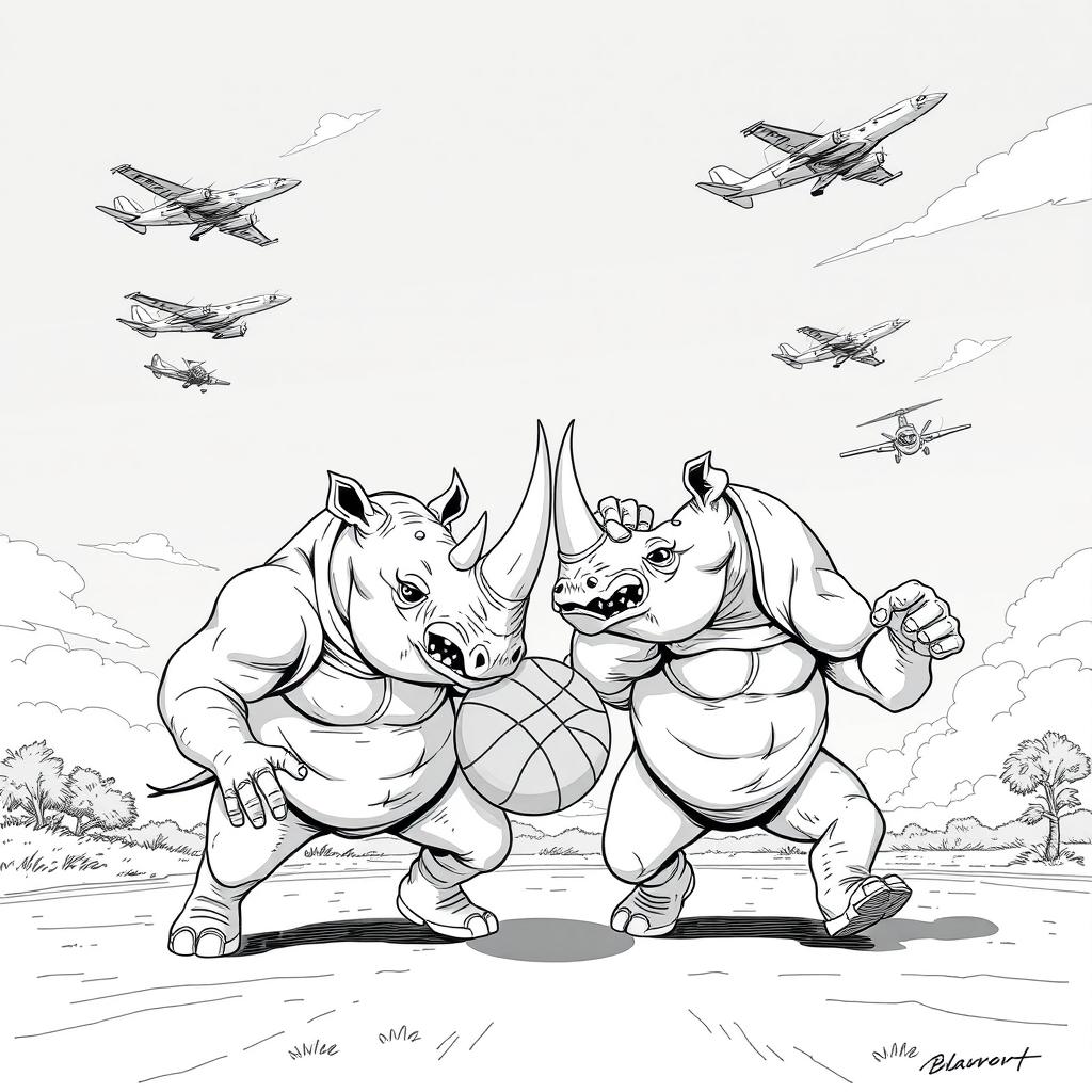 A black and white illustration of two muscular rhinoceroses in human form playing basketball