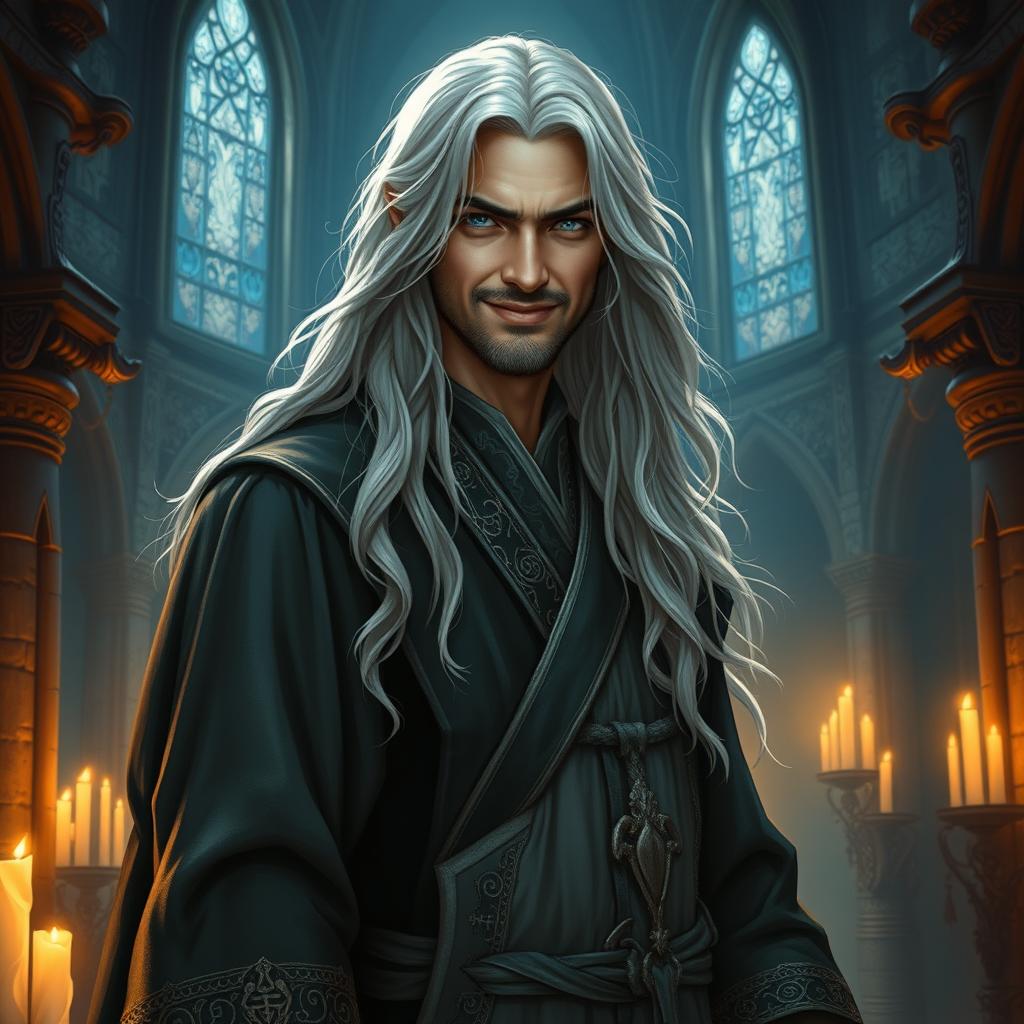 A noble celestial leader depicted in a dark fantasy Dungeons & Dragons style, possessing a warm yet enigmatic smile