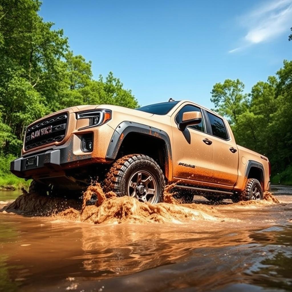 A rugged 4x4 pickup truck splashing through deep water, showcasing its robust off-road capabilities