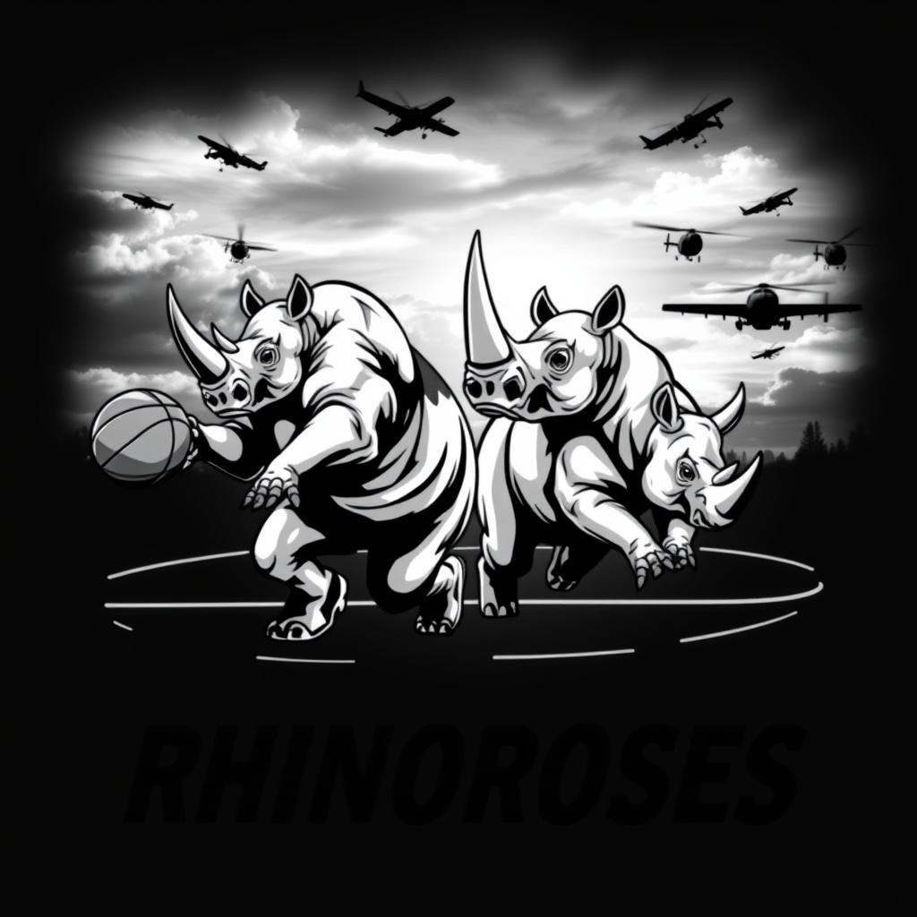 A black and white shirt design featuring two muscular rhinoceroses anthropomorphized as humans, energetically playing basketball on a court