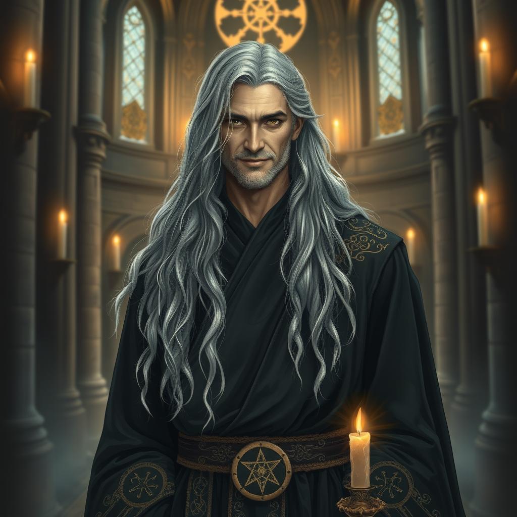 A noble celestial leader depicted in a dark fantasy Dungeons & Dragons style, characterized by a warm yet enigmatic smile