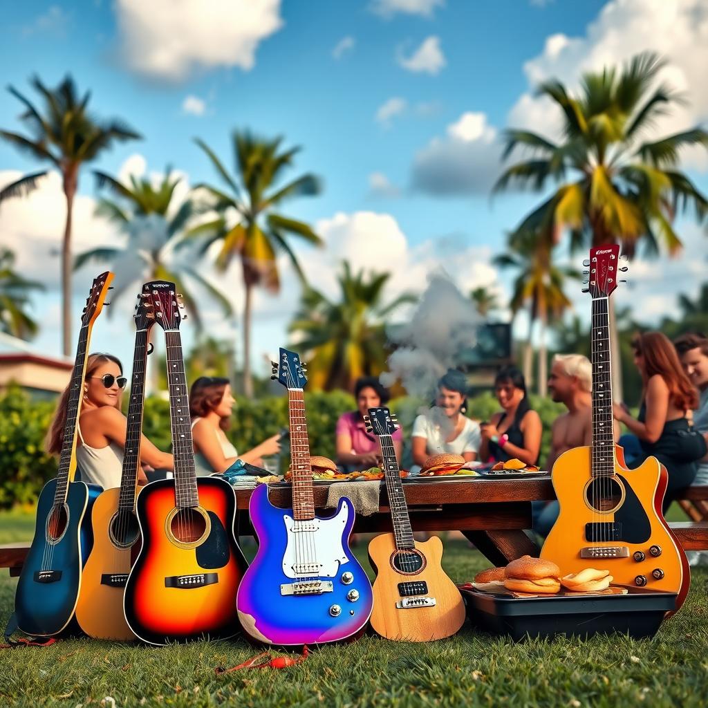 A vibrant and lively outdoor scene depicting a gathering of friends enjoying a barbecue party