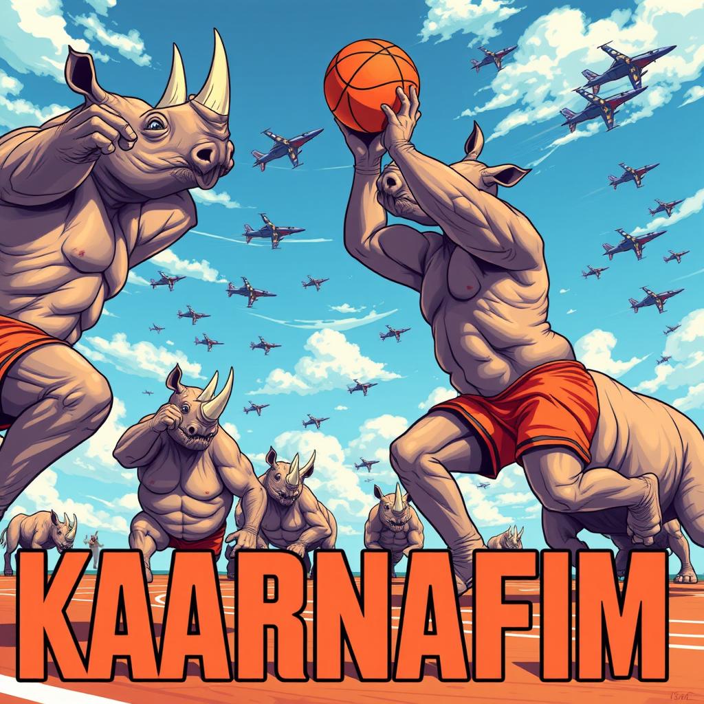 A vibrant and dynamic illustration of muscular rhinos in human form playing basketball, showcasing their athleticism and strong physique