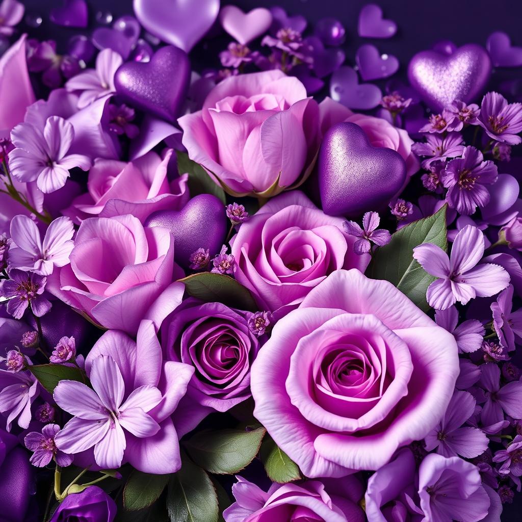A visually stunning composition featuring an array of purple flowers, including roses and other blooming types, elegantly arranged amidst delicate purple hearts and glistening purple water droplets