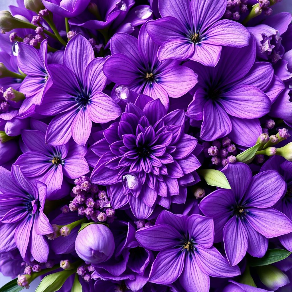 A breathtaking arrangement featuring purple flowers with intricate petals, delicate hearts scattered throughout, and glistening water droplets adding a touch of freshness, all harmoniously designed in a vibrant shade of purple