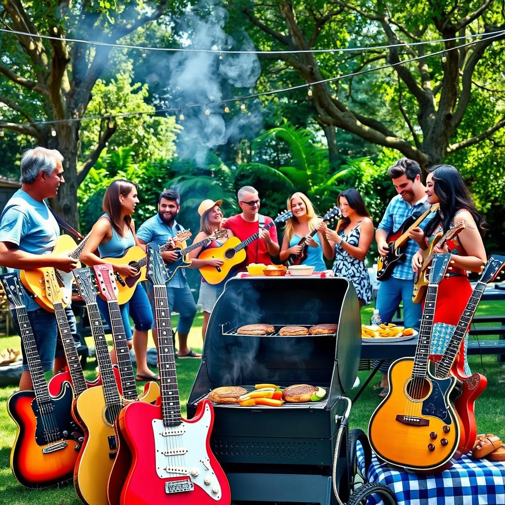 A vibrant outdoor gathering scene featuring a lively barbecue party set in a sunny backyard