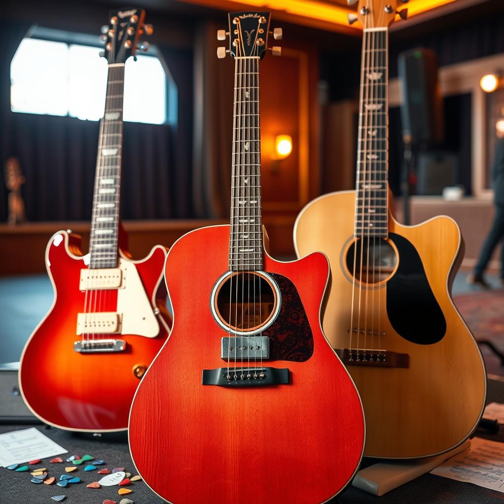 A collection of beautifully crafted guitars displayed artfully, including an electric guitar with a glossy red finish, an acoustic guitar with a natural wood grain, and a vintage-style hollow body guitar