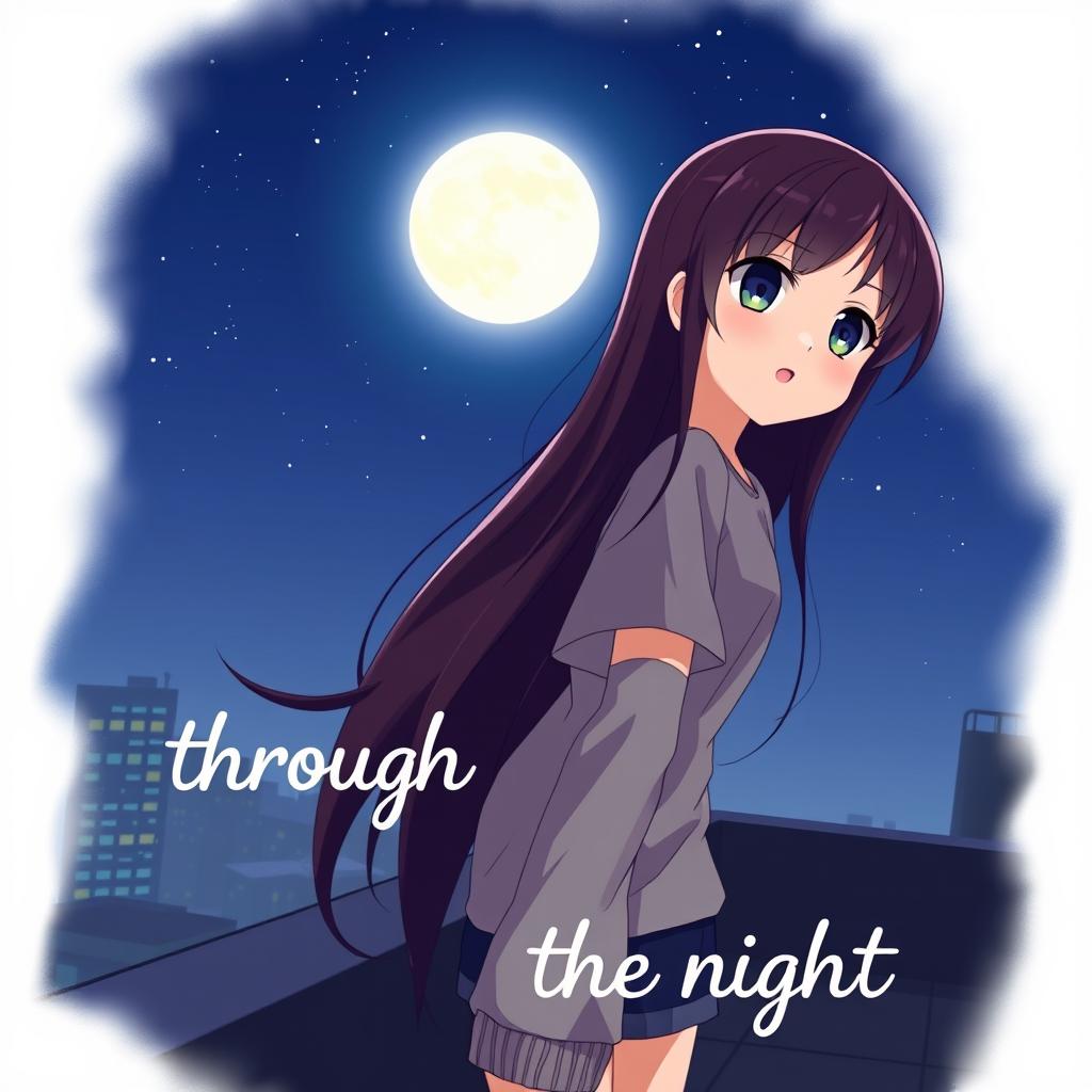 Anime girl standing on a rooftop at night, gazing at a starry sky, soft moonlight illuminating her features