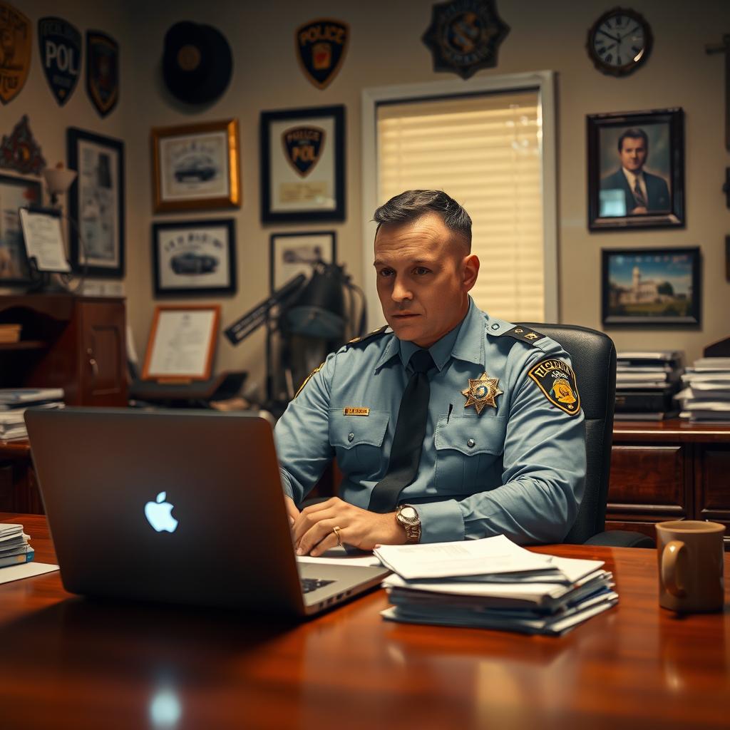 A thoughtful police officer sitting behind a wooden desk in a well-organized office