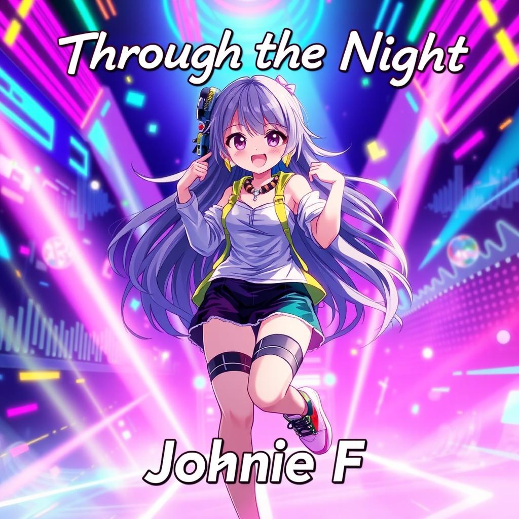 A vibrant and energetic anime girl character exuding an EDM (Electronic Dance Music) vibe, featuring colorful neon lights and dynamic background elements like sound waves and abstract patterns that represent music