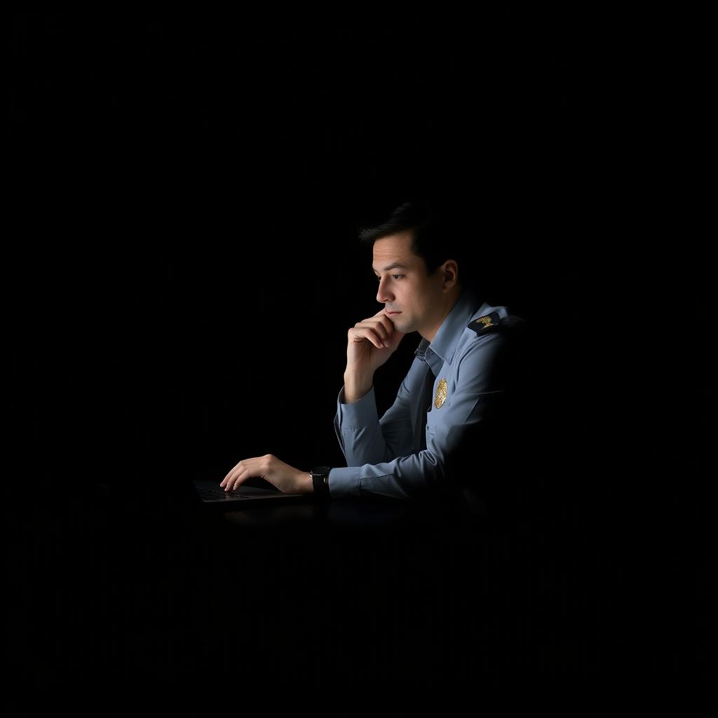 An officer sitting at a desk, deep in thought, with a focused expression on his face, listening to a voice coming from a laptop