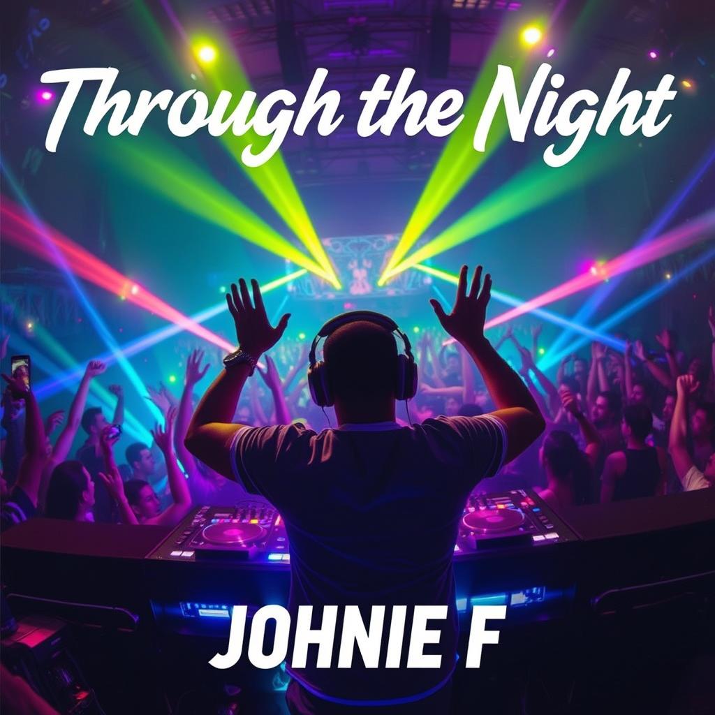 A dynamic and energetic scene featuring a DJ performing in front of a lively crowd at a vibrant EDM festival