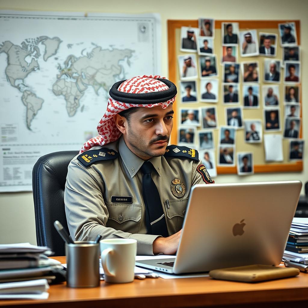 An Arabic officer sitting behind a desk, deep in thought as he listens to a voice coming from a laptop