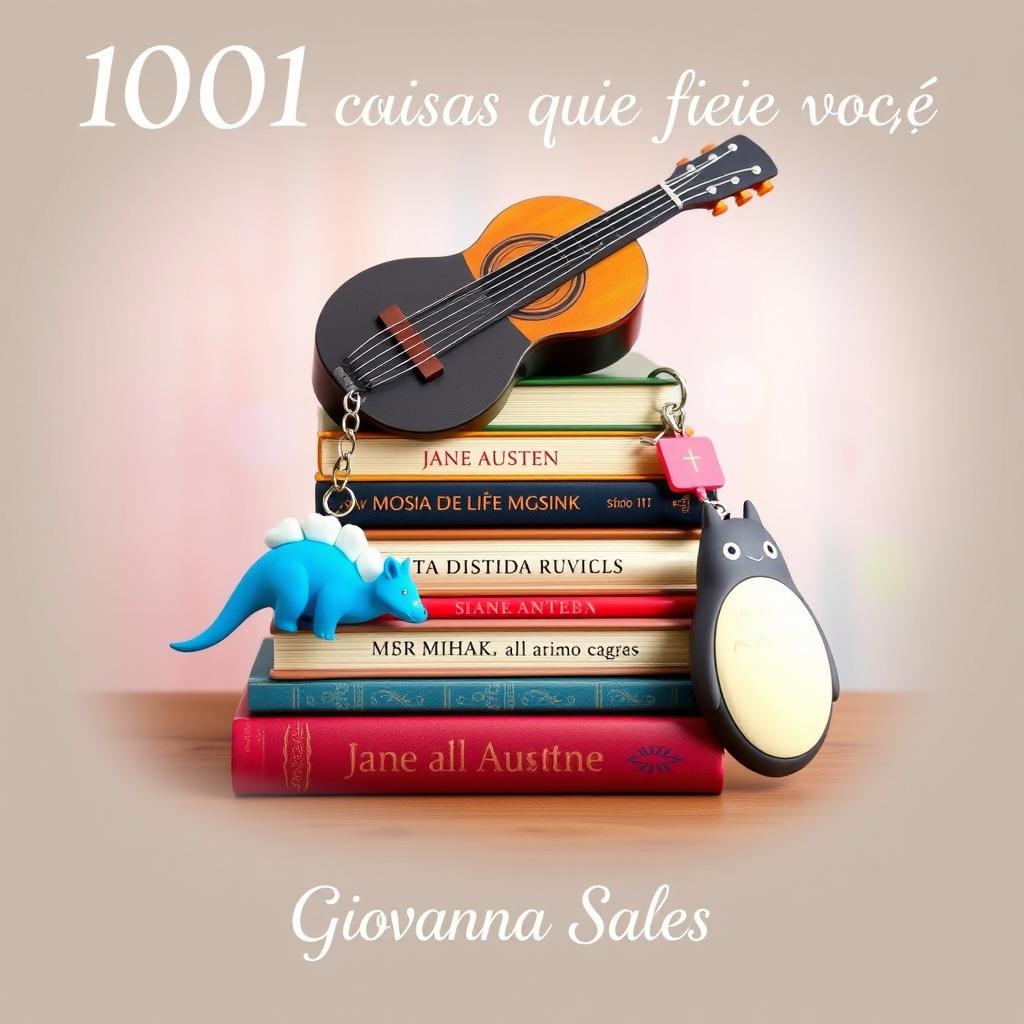 A charming and whimsical book cover for '1001 Coisas que sei sobre você' featuring a stack of Jane Austen's novels, a beautiful guitar elegantly leaning against the stack, and cute keychains – one of a blue dinosaur and another of Totoro – playfully placed around the books