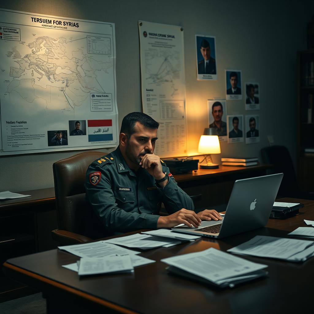 A Syrian officer sitting at a large wooden desk, deep in thought while listening to a voice on his laptop