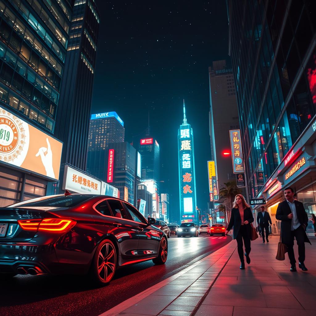 A stunning nighttime cityscape featuring sparkling lights and shadows, showcasing skyscrapers and streets bustling with activity