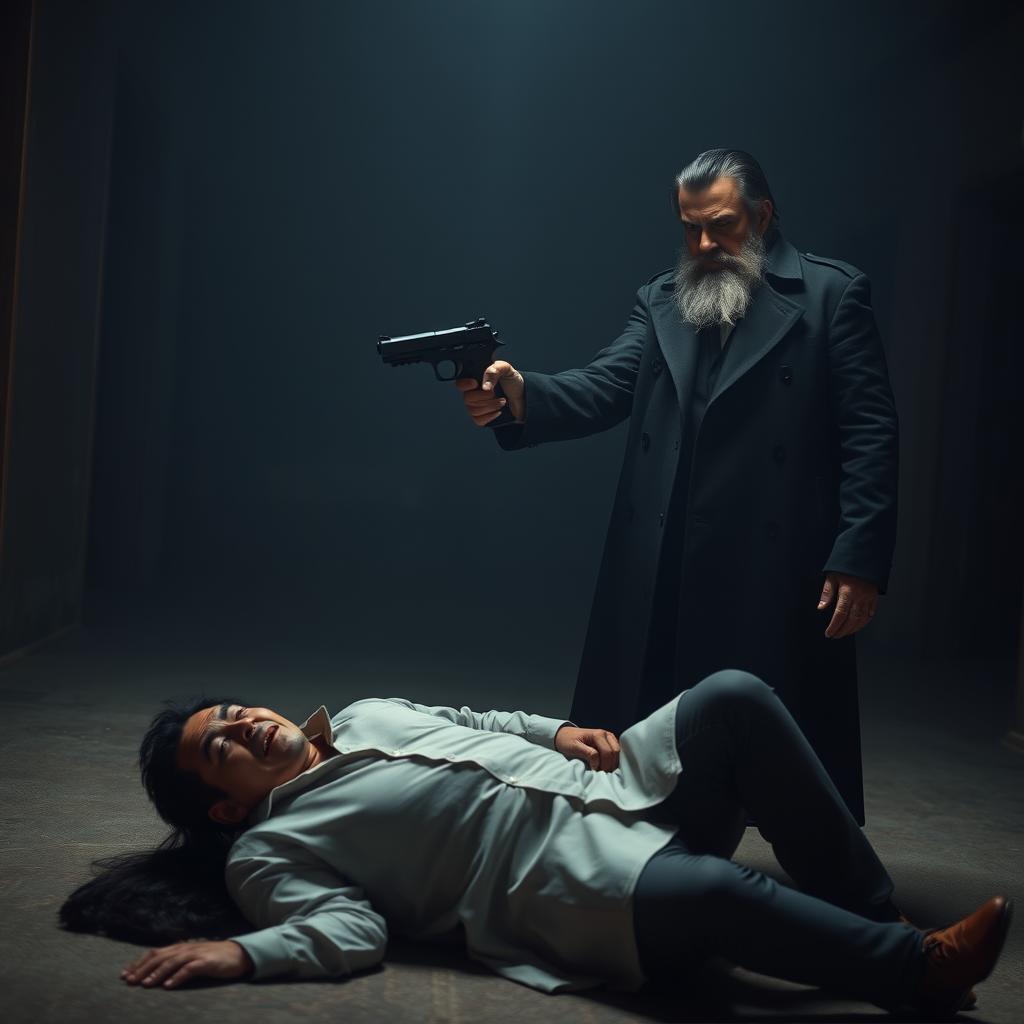In an intense and dramatic scene set in a dimly lit area, a tall man with jet-black hair and a light beard is prominently featured, dressed in a long black coat