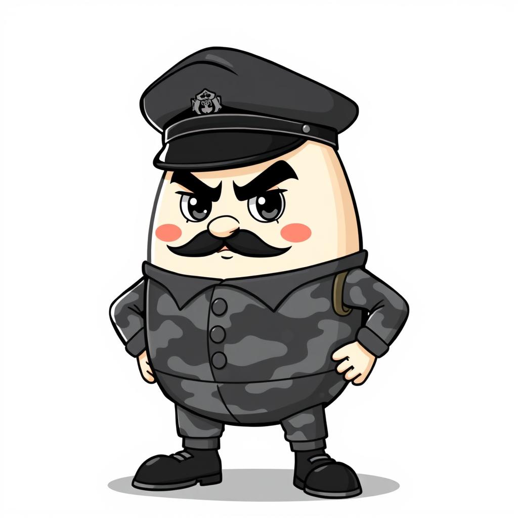 A cartoonish Humpty Dumpty character in egg form, wearing a stylish gray and black camouflage uniform, complete with a sleek black beret perched on his head