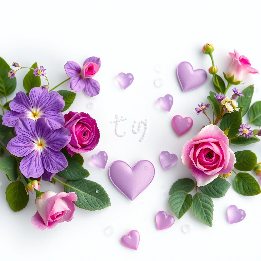 A beautiful composition featuring vibrant purple flowers, delicate roses, and heart shapes embellished with water droplets, creating a harmonious and enchanting scene