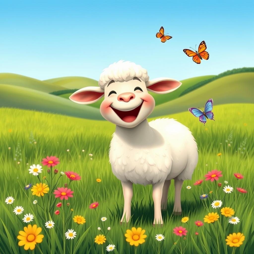 A whimsical scene of a smiling sheep standing in a lush green pasture