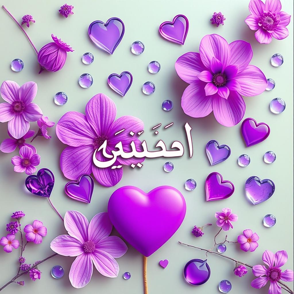 A vibrant and artistic composition featuring beautiful purple flowers, hearts, and droplets of water, all in varying shades of purple
