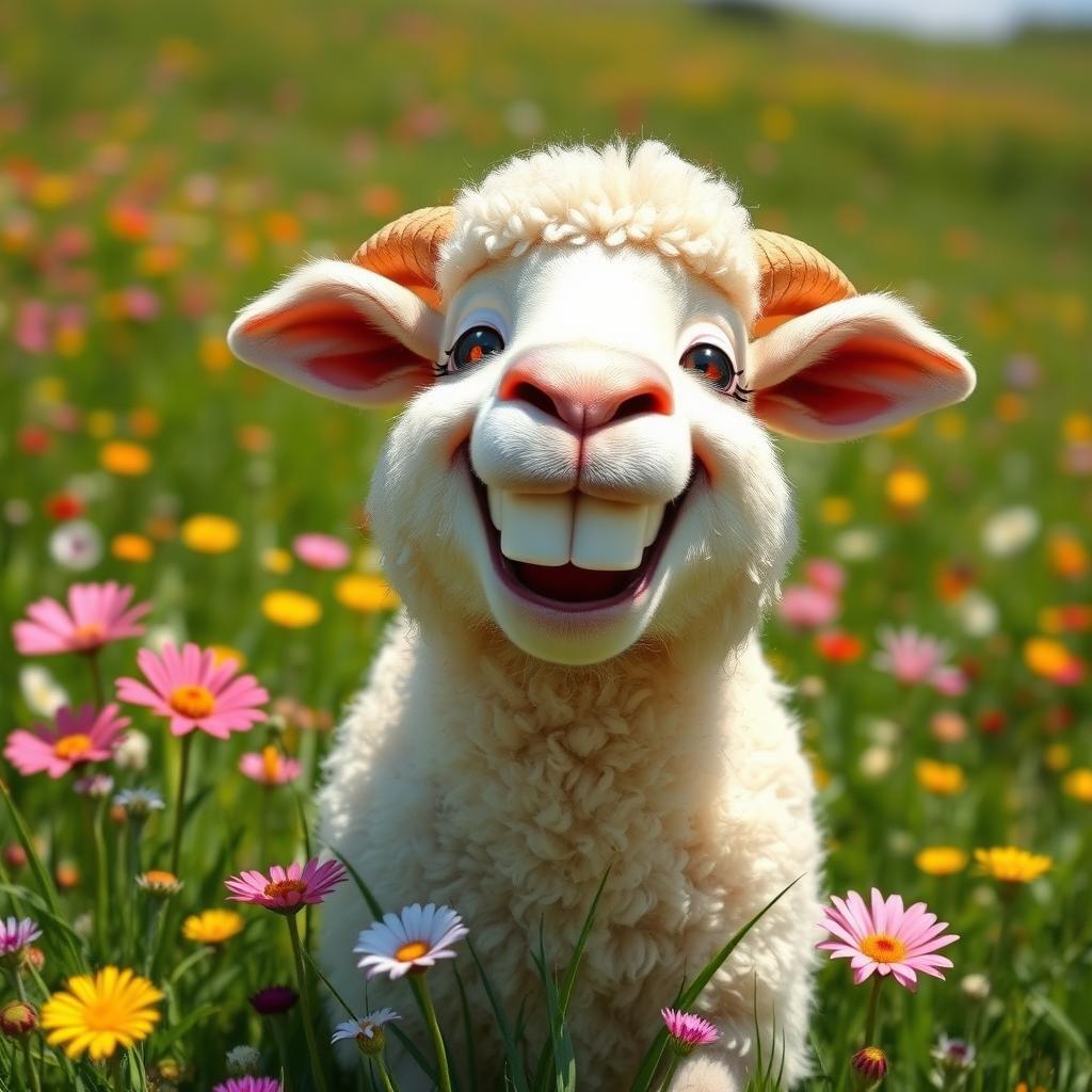 A whimsical sheep with a big, joyful grin displaying its white teeth, set in a vibrant, lush green field dotted with colorful wildflowers
