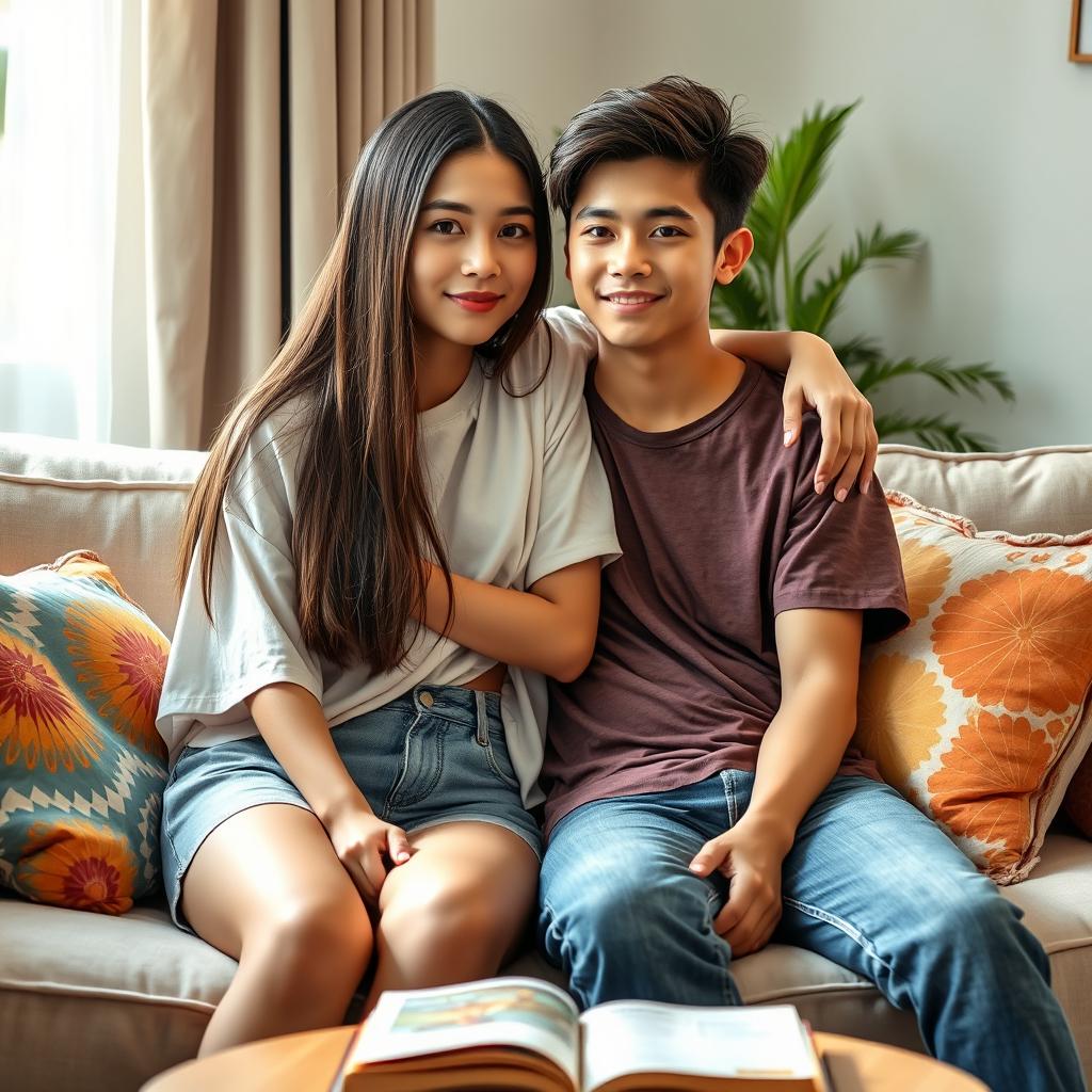 A beautiful 22-year-old Asian woman with long straight hair, sitting on a soft, inviting sofa with a calm and gentle expression, lovingly wrapping her arm around her younger brother, who is 20 years old