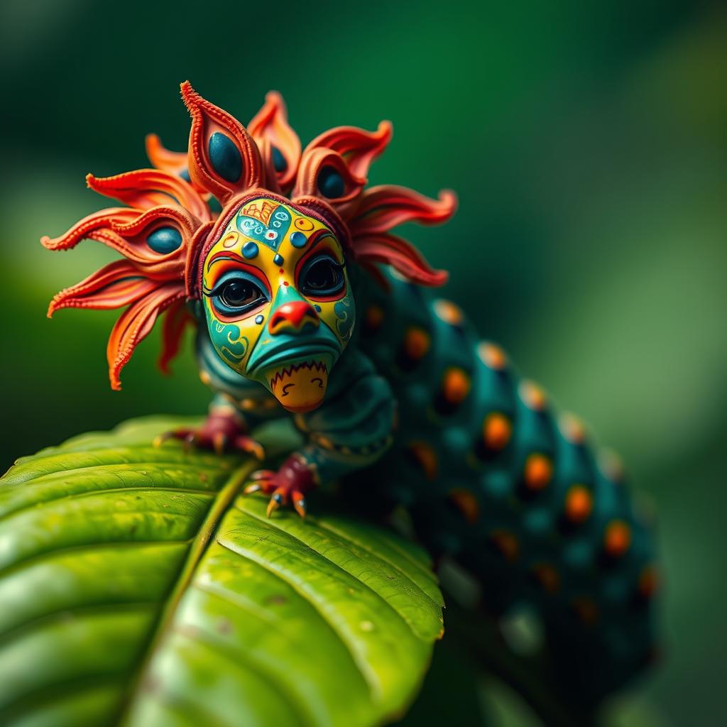 A striking image of a Bigato, or a large caterpillar, wearing a flamboyant mask