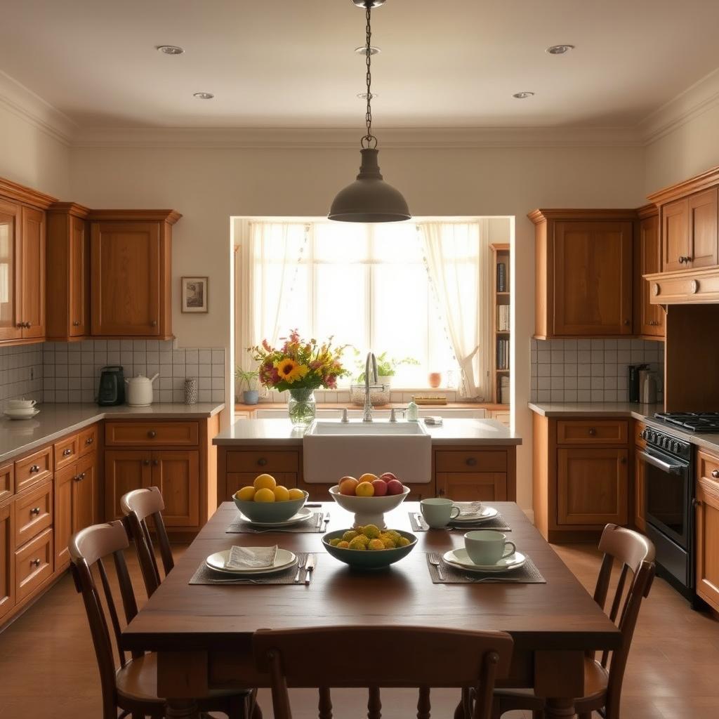 A classic kitchen interior, featuring vintage wooden cabinets, a large farmhouse sink, and a central island with barstools