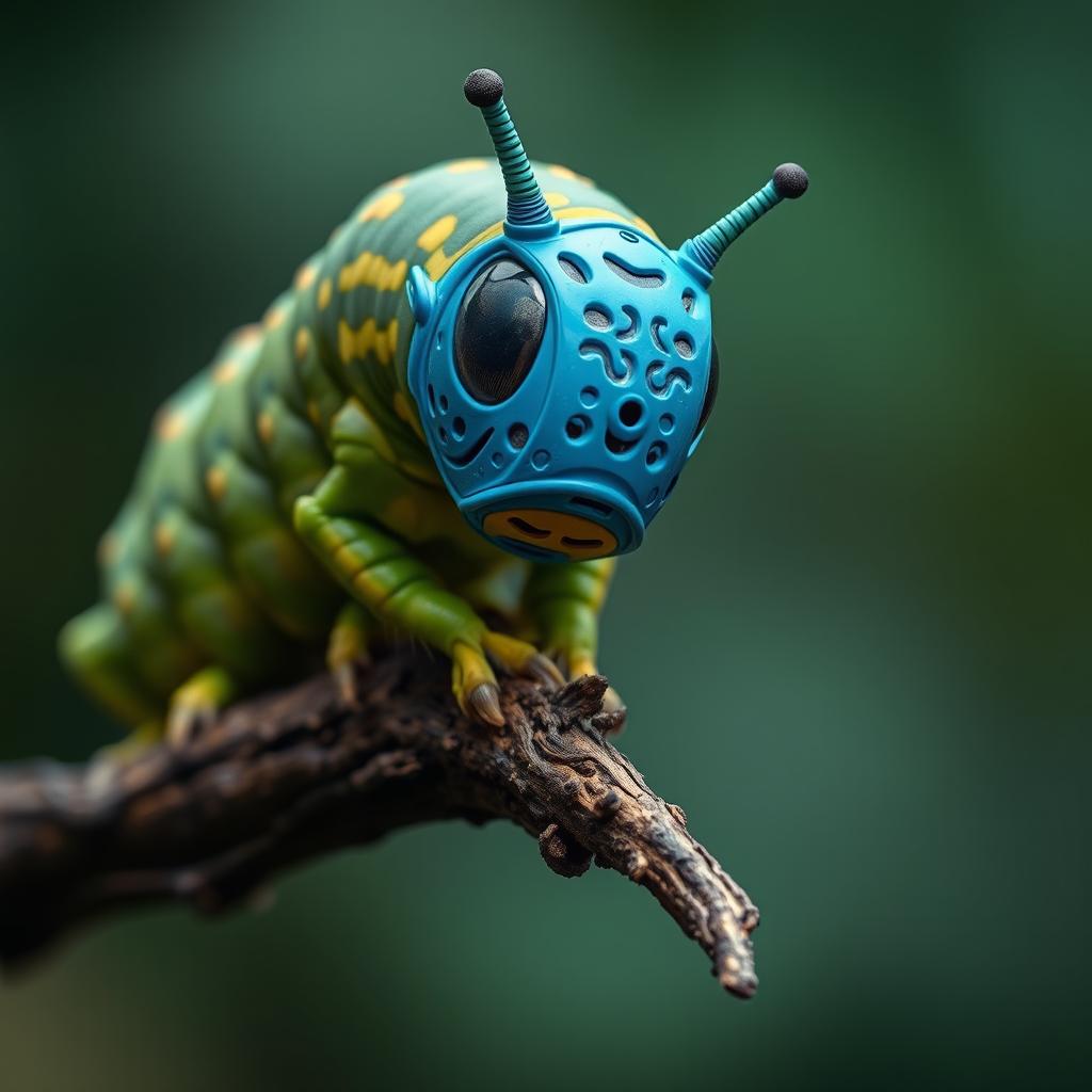 A captivating image of a Bigato, or large caterpillar, adorned with a striking blue breathing mask