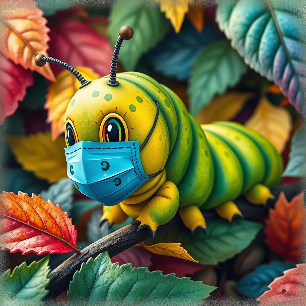 A whimsical and colorful image of a Bigato, or large caterpillar, wearing a COVID-19 mask