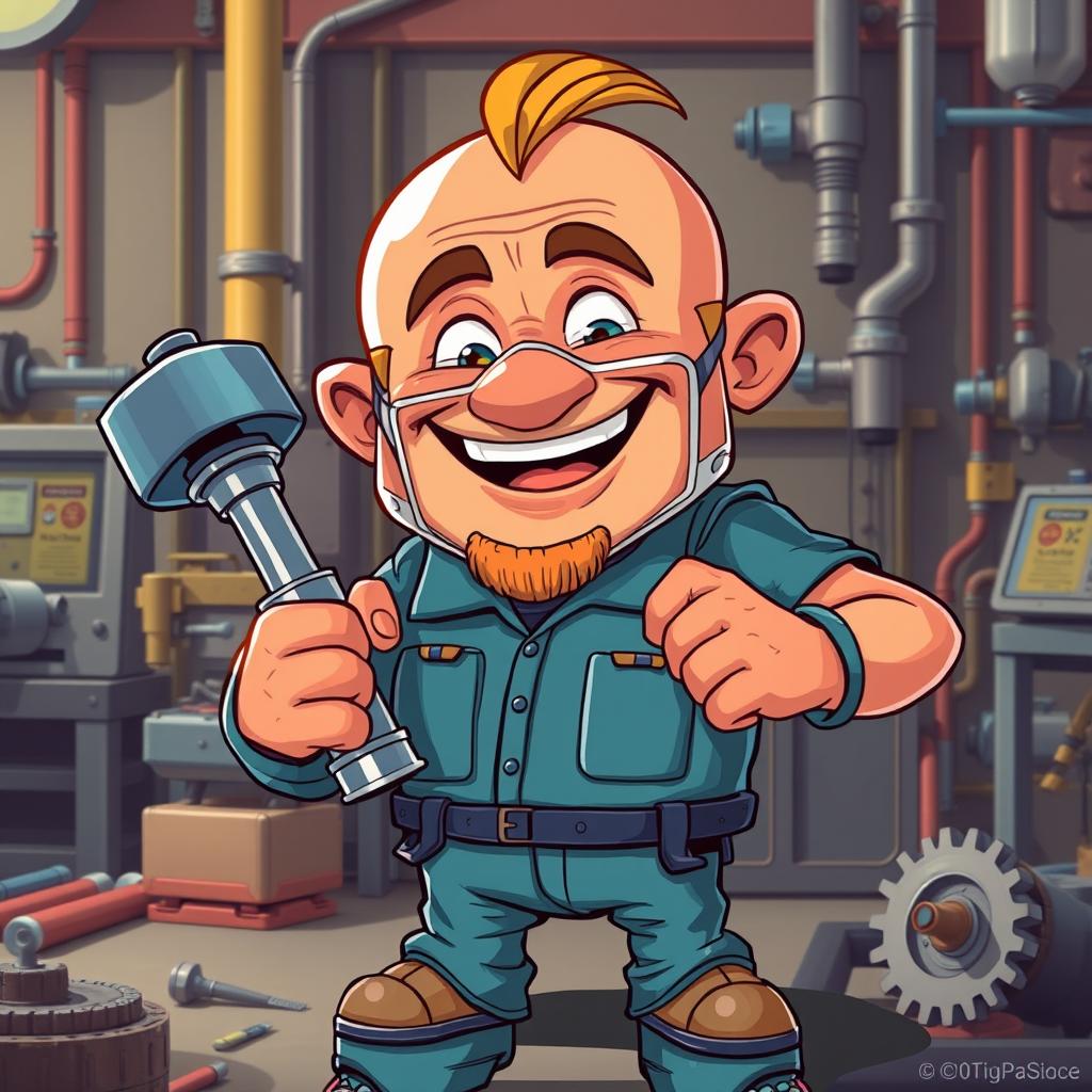 A humorous depiction of a large, exaggerated character wearing a COVID-19 mask, confidently holding a hydraulic piston