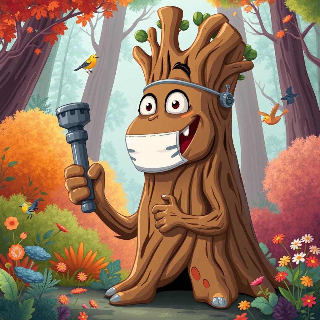 A whimsical illustration of a cartoonish tree creature, resembling a big tree with exaggerated features, wearing a COVID-19 mask