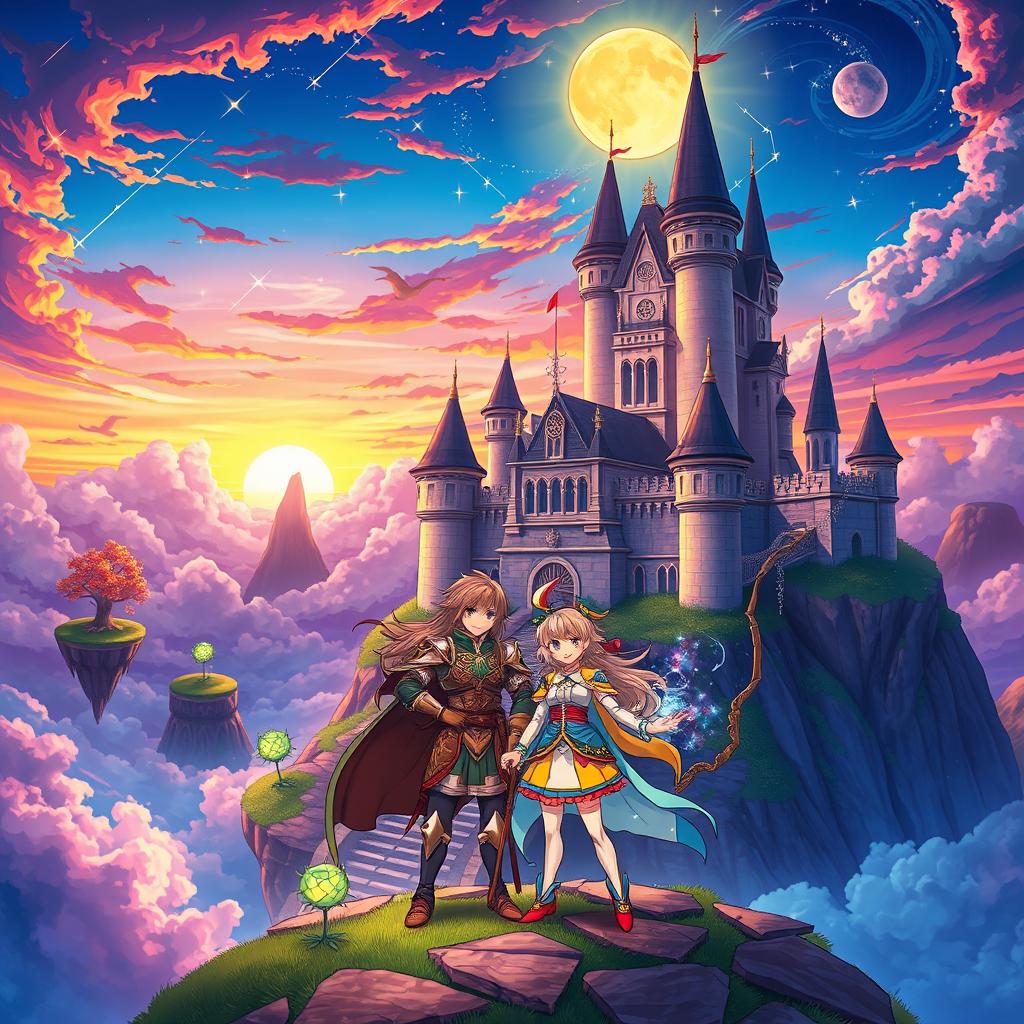 A vibrant and dynamic anime scene featuring a mystical landscape combining elements from two pictures