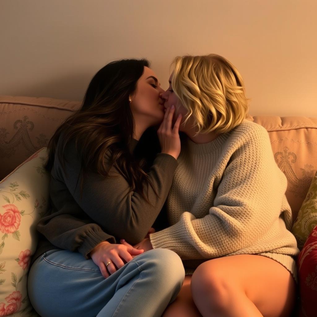 Carla Conner and Lisa Swain sharing a passionate kiss while sitting comfortably on a plush couch, surrounded by soft throw pillows