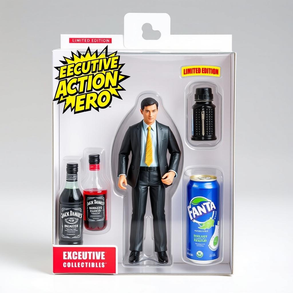 A realistic action figure of a male businessman dressed in a sharp suit, representing a confident and professional demeanor