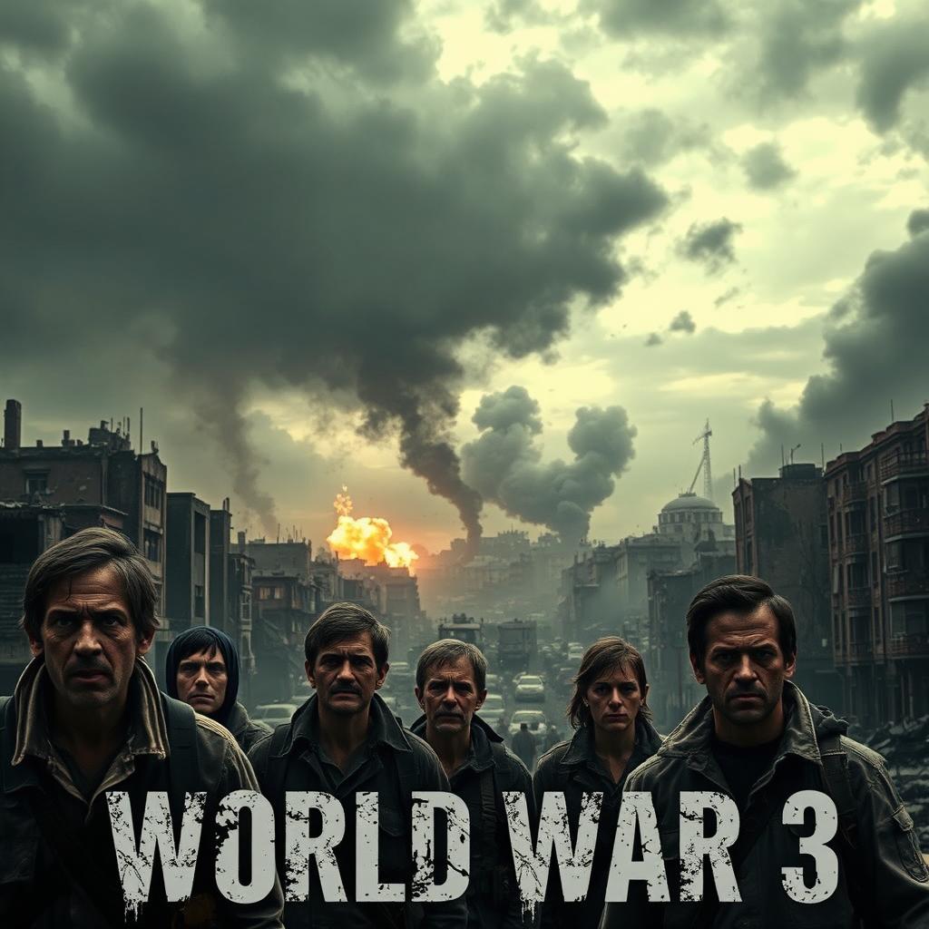 A haunting and dramatic scene of World War 3 unfolding, showcasing a desolate urban landscape filled with crumbling buildings and smoke rising in the background